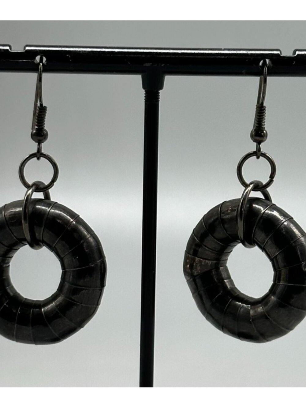 3/$30 Black Round Hoop Dangle Earrings Silver Tone Pierced 1.5 Inch